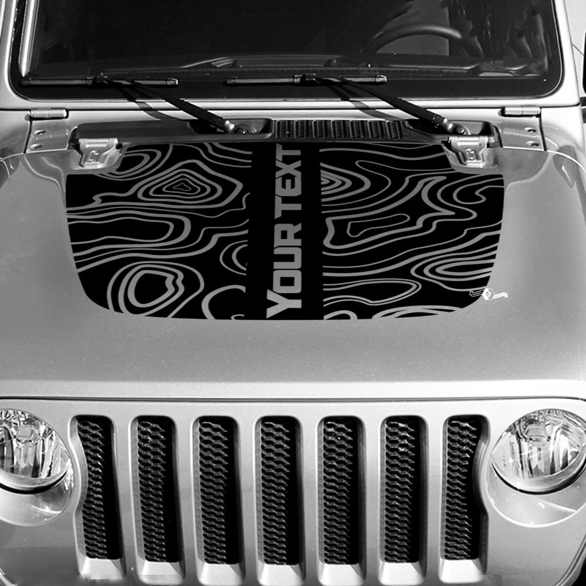 Noir Carte Topographique Capot Vinyle Autocollant Texte Central Personnalisé pour Jeep Wrangler