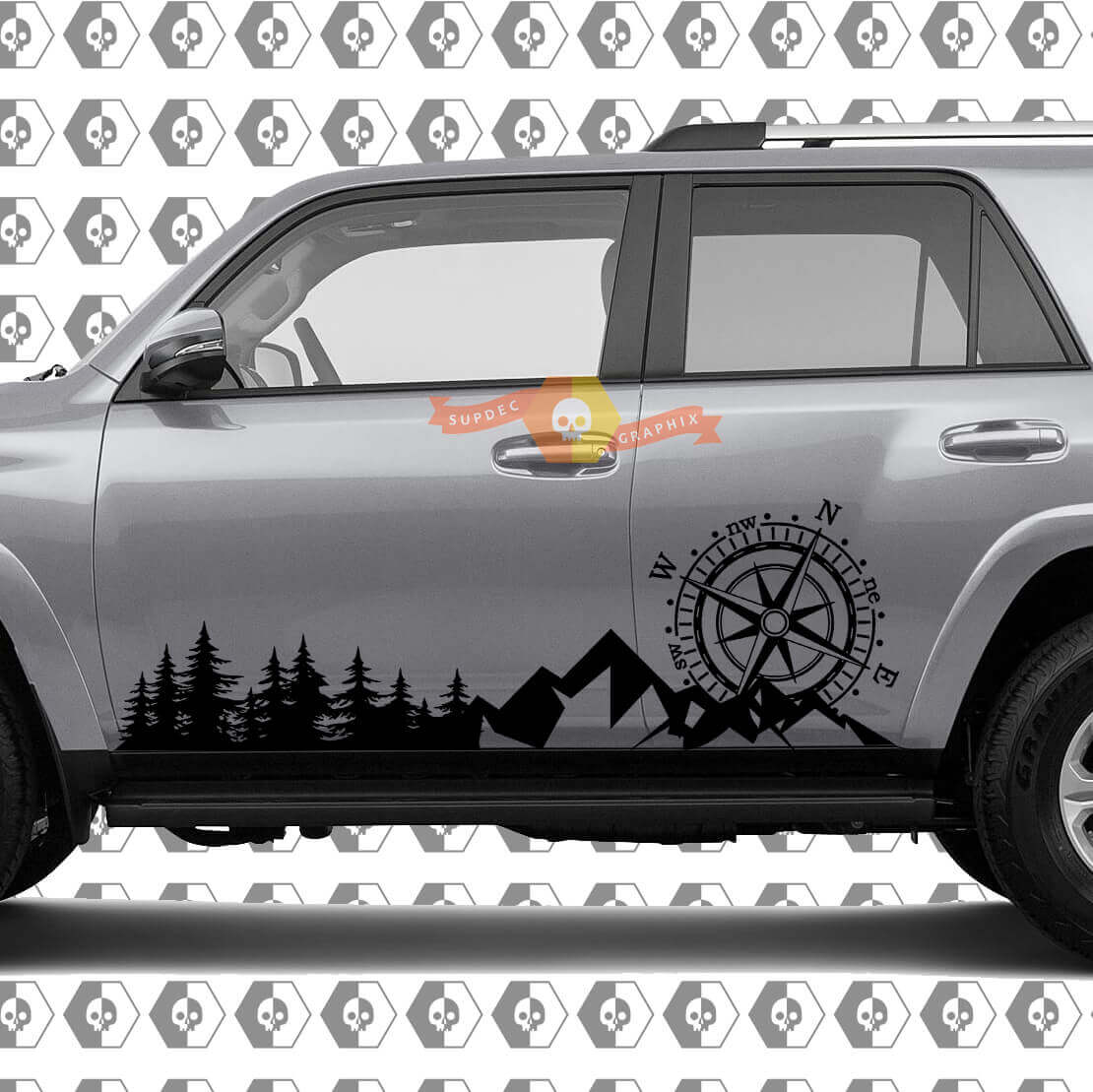 Side Trees Mountains and Huge Compass Side Vinyl Sticker Decal fit to Toyota 4Runner 13-22 TRD Fifth generation
