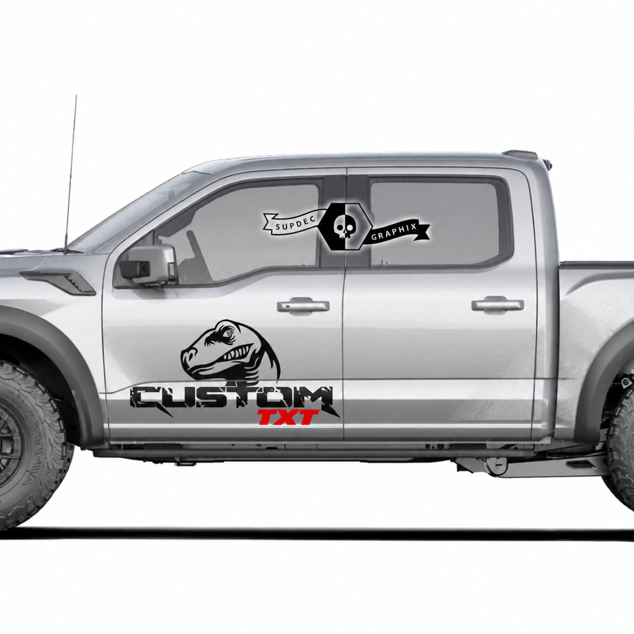 CUSTOM TXT Red Accent Dinosaur Head Pair Door Vinyl Decal Sticker for Ford F-150 2022