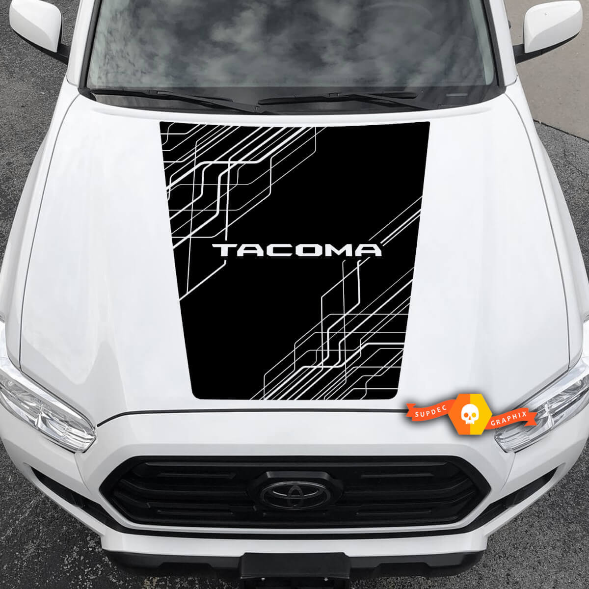 Moderne 2016 -- 2021 Toyota Tacoma Hood Abstrakte Linien Gebrochene Symmetrie Vinyl Aufkleber Grafiken - Kein Lufteinlass!

