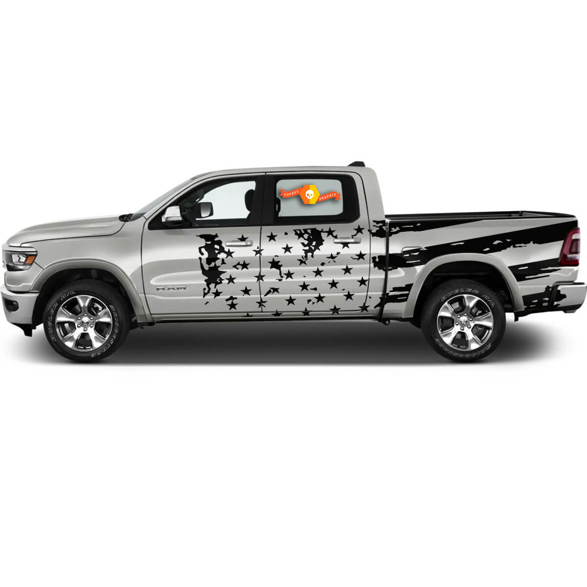 Pair Dodge Ram 1500 Bed Side US Flag Racing Rear Stripe Vinyl Decal Sticker
