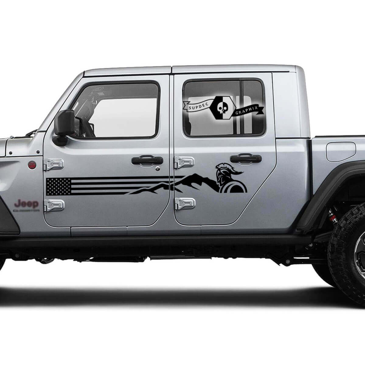 Pair Jeep Gladiator Doors USA Flag Mountains Gladiator Logo Vinyl Graphics Decal Sticker

