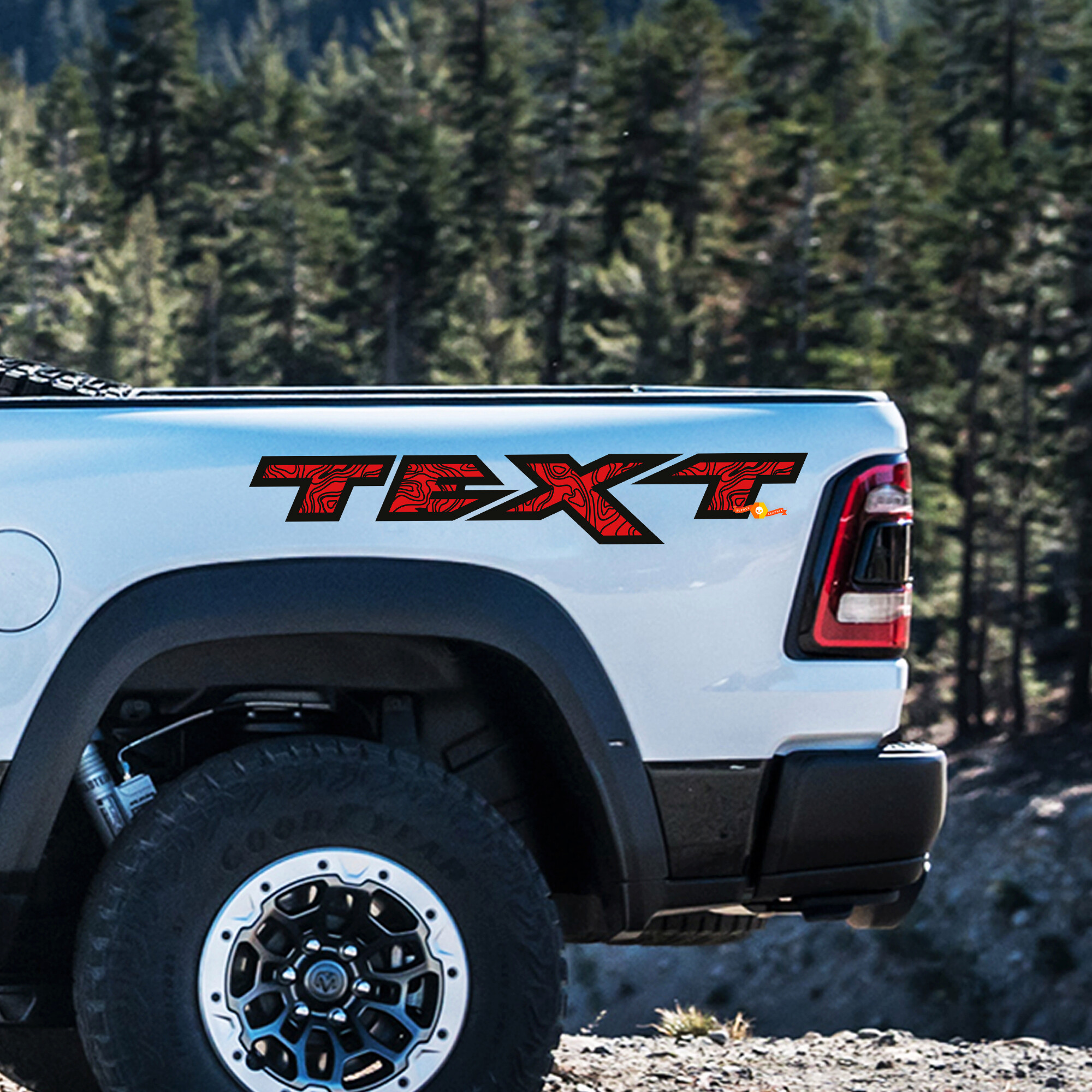 Custom Text Topographic Style Bedside Vinyl Decal Set for Dodge Ram Rebel 1500 TRX