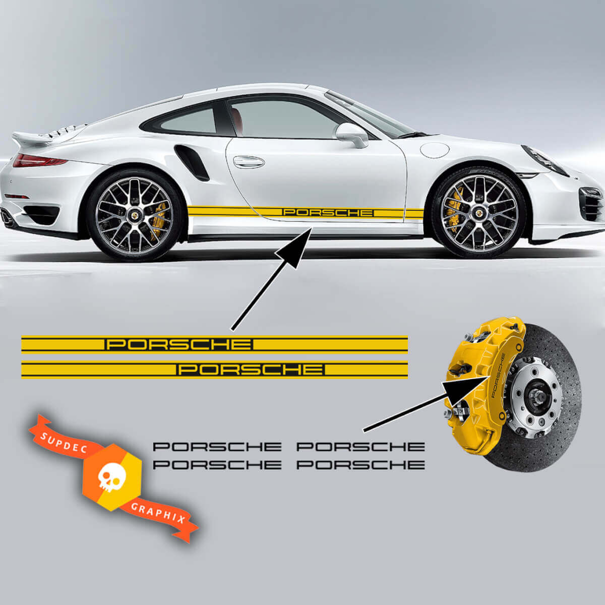 Pair Porsche 911 996 Carrera turbo 2 Colours Side Stripes Decals + 4 brake calipers Decals Vinyl Stickers Decals
