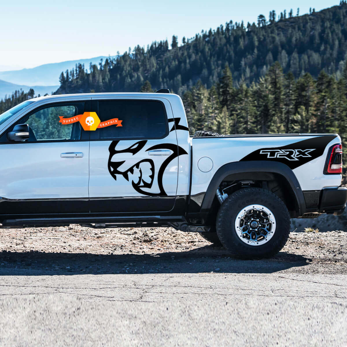 Pair Dodge Ram TRX Hellcat 2021+ Splash Ram Head Doors Bed Logo Truck Vinyl Sticker Decal bed Graphic
