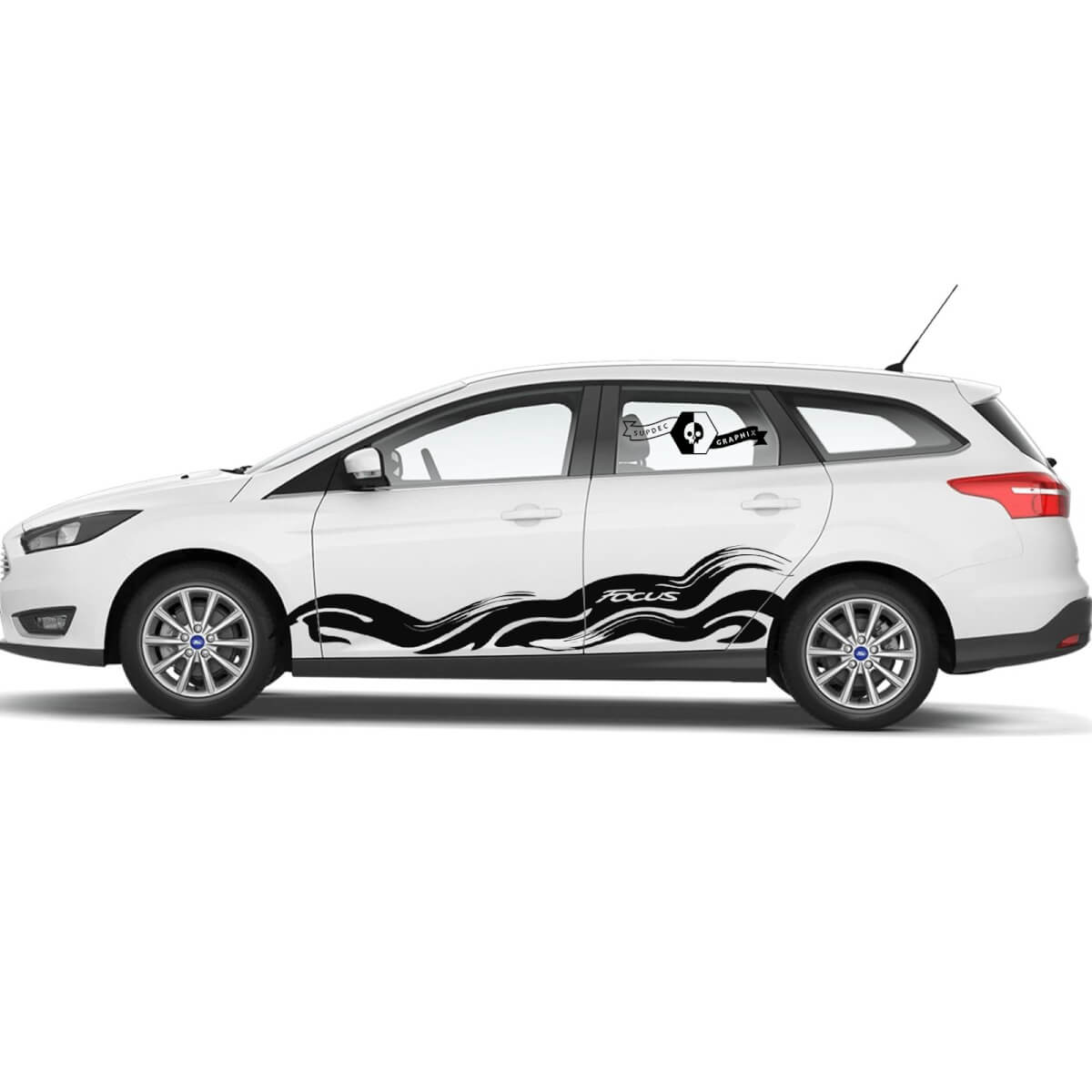 Pair Ford Focus  Checkered Fire Wave Door Rocker Panel side stripes decals Graphic Kit