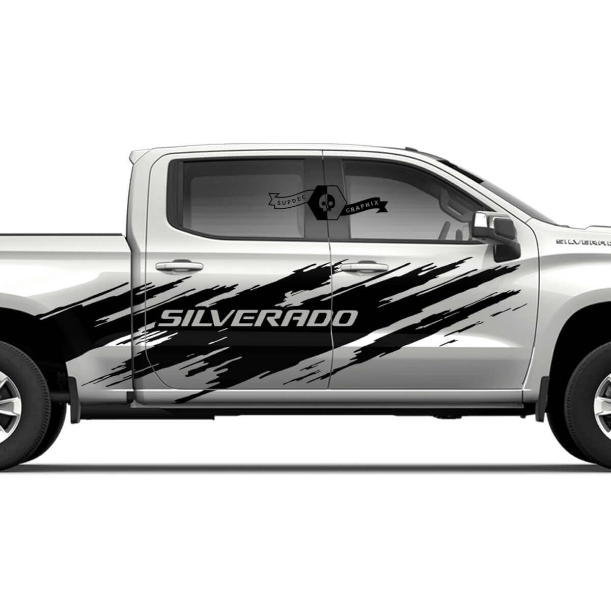 Pair Chevrolet Silverado 2022+ 2023 Side Doors Bed Splash Wrap Destroyed Logo Stripe Vinyl Decal Sticker
