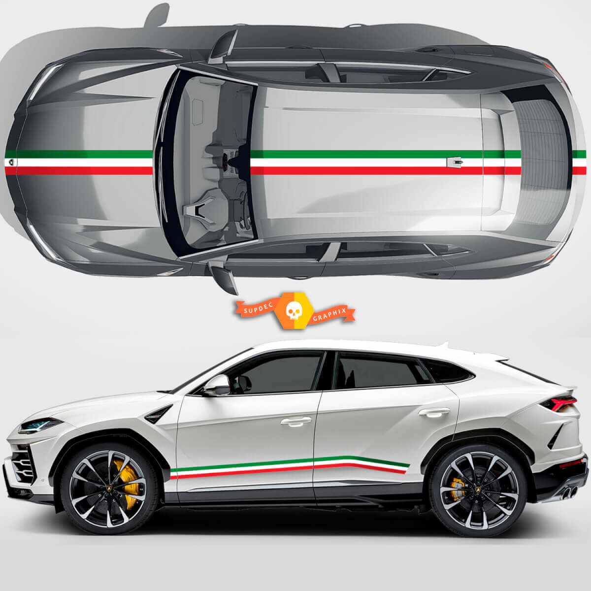 Coppia adesivi in vinile con bandiera italiana per portiere laterali, cofano e tetto Lamborghini Urus 2021 2022 2023.
