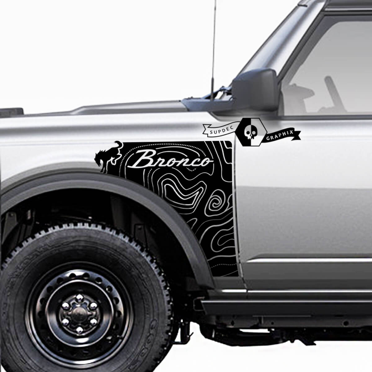 Pair Ford Bronco Vintage Logo Topographic Map Everglades Style Side Panel Vinyl Decal Sticker Graphics Kit

