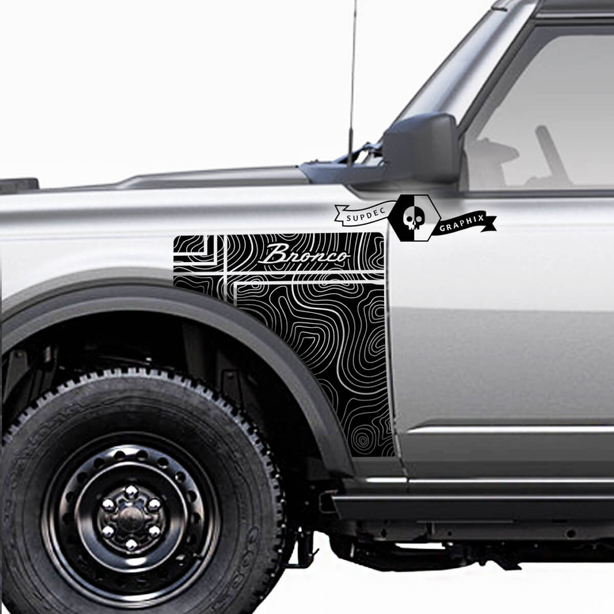 Pair Ford Bronco Vintage Logo Topographic Map Everglades Style Side Panel Vinyl Decal Sticker Graphics Kit 3
