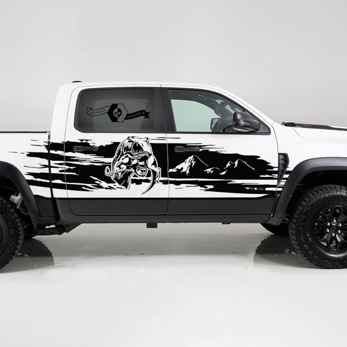 2x Dodge Ram TRX Rebel 2022 2023 1500 Side Splash Destroyed TRX Eating Raptor Mountains Truck Vinyl Decal Graphic
