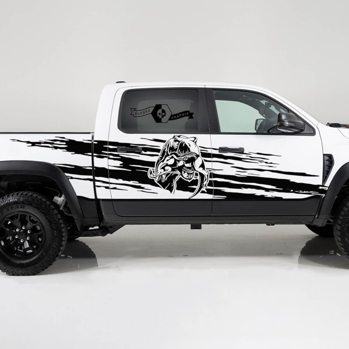 2x Dodge Ram TRX Rebel 2022 2023 1500 Side Splash Destroyed TRX Eating Raptor Truck Vinyl Decal Graphic
