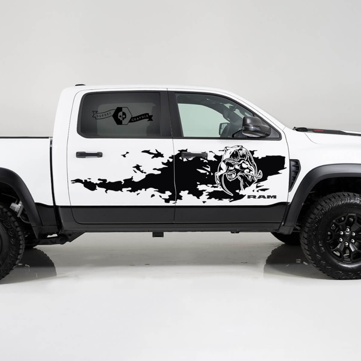 2x Dodge Ram TRX Rebel 2022 2023 1500 Side Destroyed TRX Eating Raptor Logo Truck Vinyl Decal Graphic
