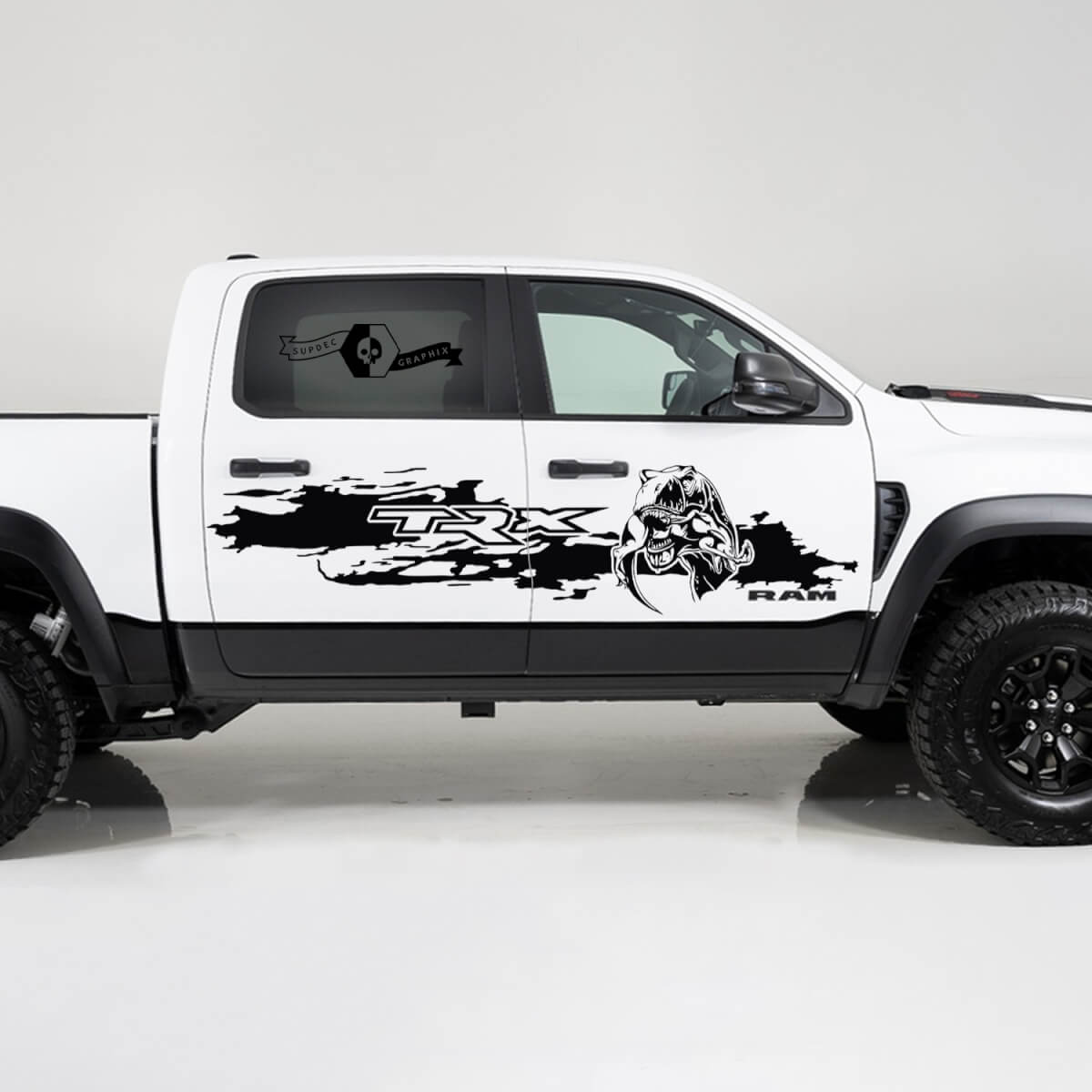 2x Dodge Ram TRX Rebel 2022 2023 1500 Side Destroyed TRX Eating Raptor Truck Vinyl Decal Graphic
