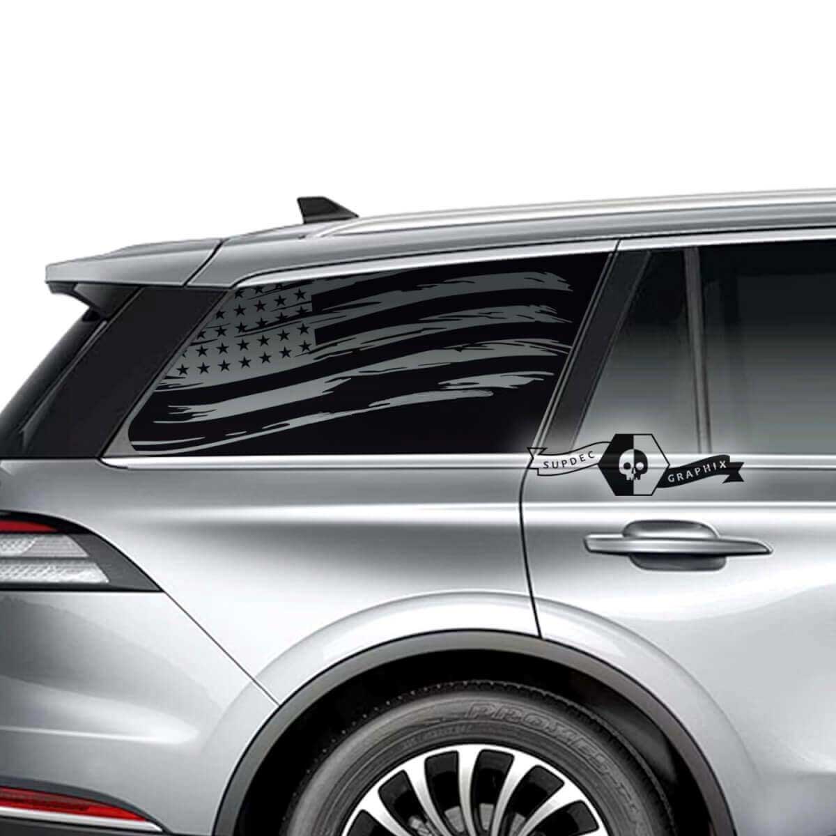 2 x Window US Flag Destroyed Logo Aviator Vinyl Decals Graphics Sticker for Lincoln Aviator