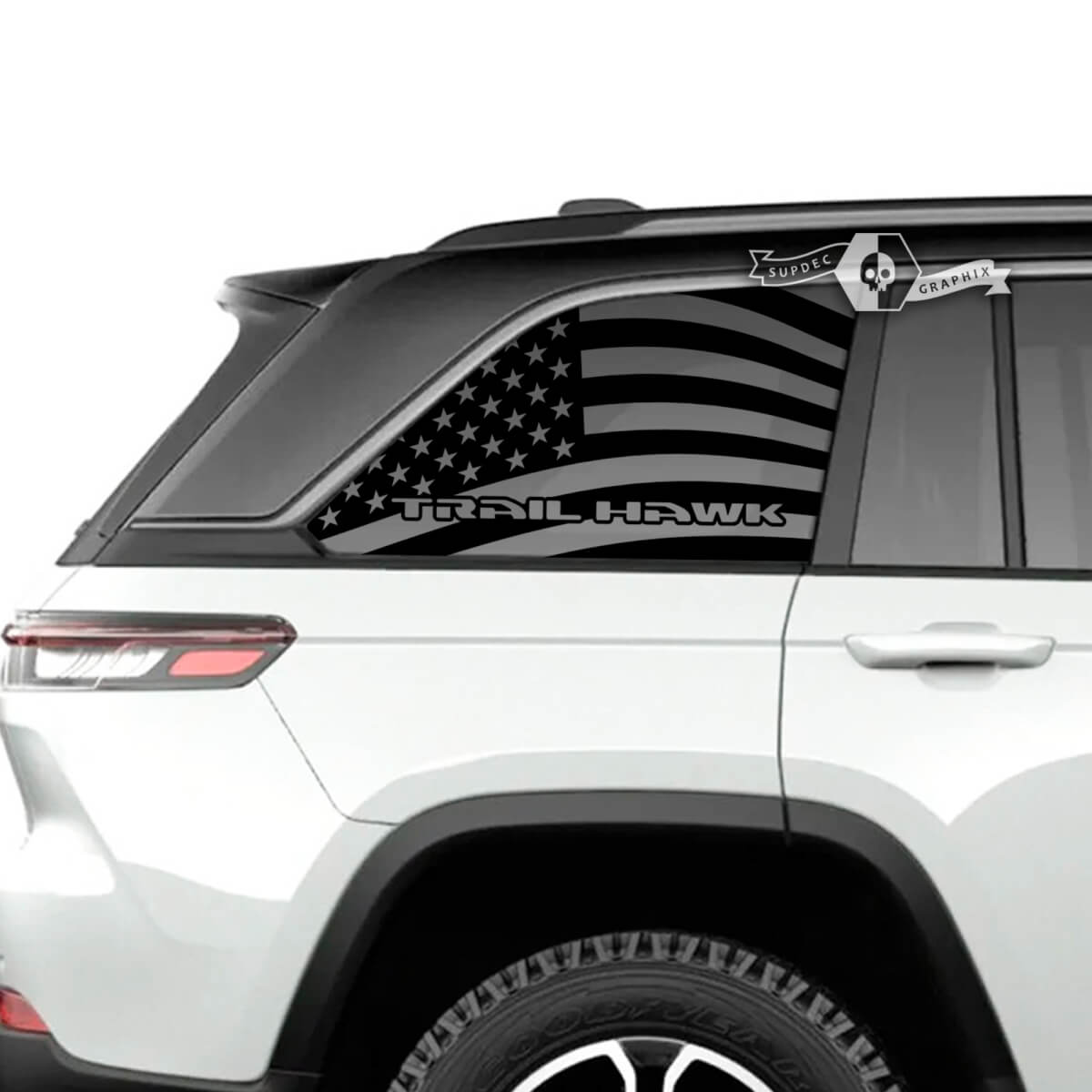 Pair Jeep Grand Cherokee SRT TrackHawk Side Glass Window USA Flag Logo Vinyl Sticker Decal Graphic
