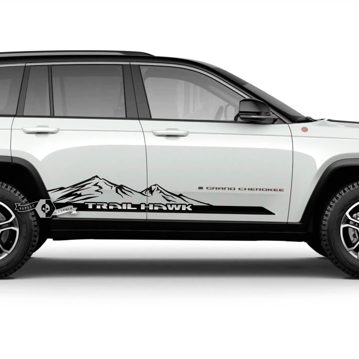 Pair 2023+ Jeep Grand Cherokee Trailhawk Doors Mountains Logo Graphic Sticker Decal
