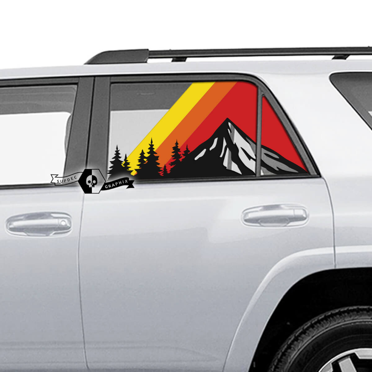Pair 4Runner 2013 - 2023 Side Window Old School Mountains Forest SunSet TriColor Stripes Vinyl  Decals Stickers for Toyota 4Runner TRD SupDec Design
