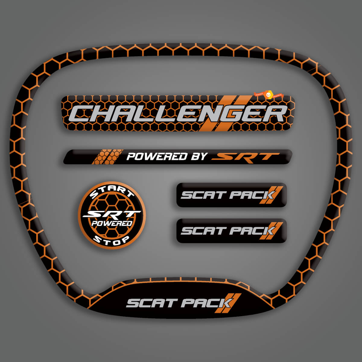 Set of Challenger SRT Scat Pack Honeycomb Cinnamon Orange Steering WHEEL TRIM RING emblem domed decal Charger Dodge Scatpack

