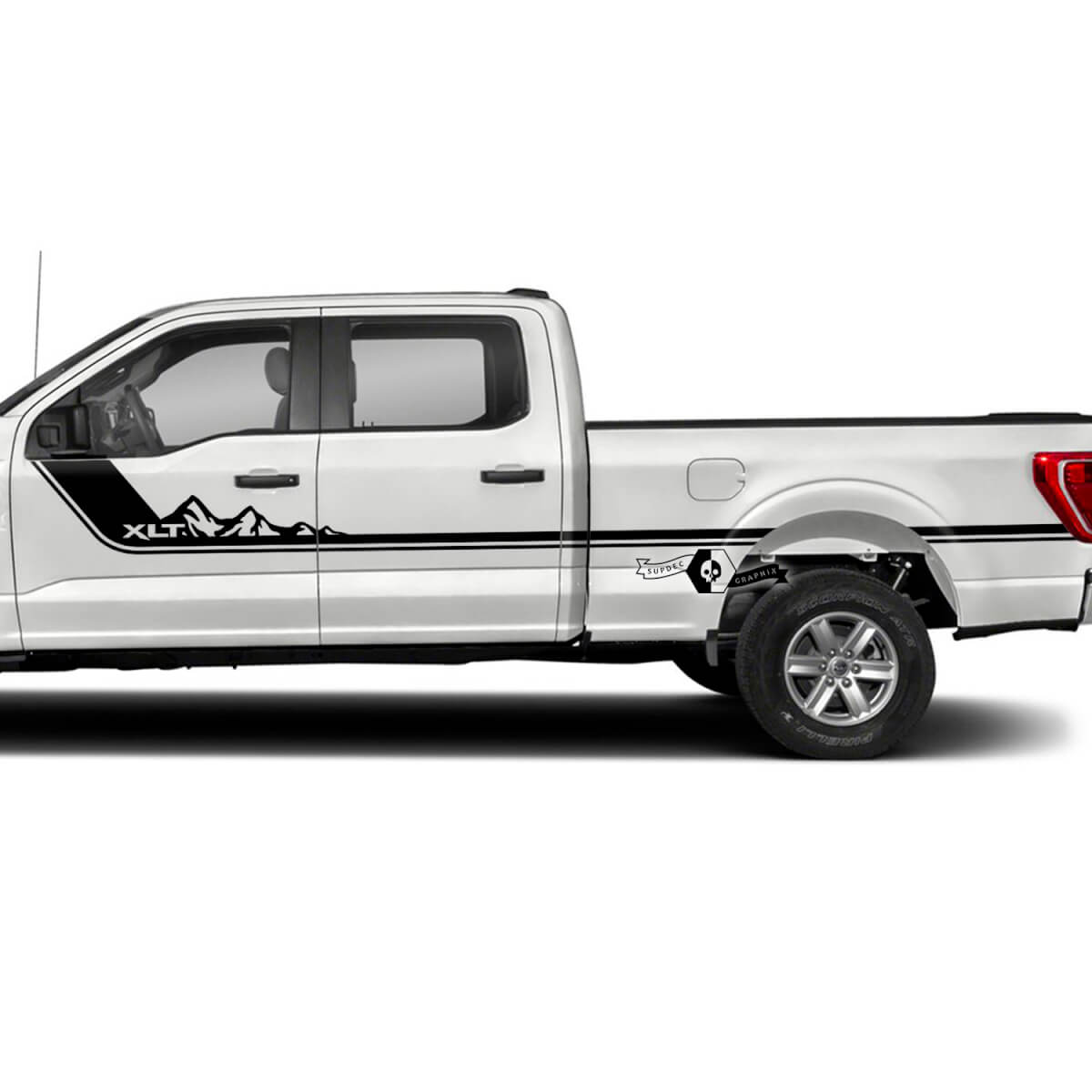 Pair Ford F-150 XLT Side Bed Doors Stripe Mountains F-150 Logo Graphics Side Decals Stickers
