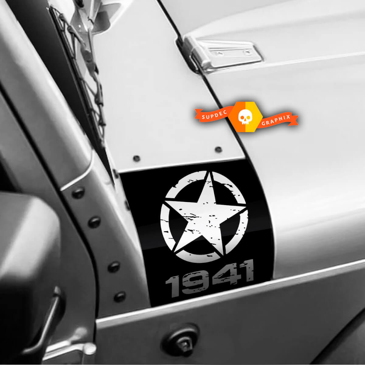Pair Jeep 1941 Wrangler Distressed Star Black Ops Oscar Mike Hood Vinyl Stickers Decal
