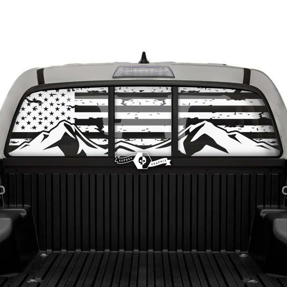 USA Flag Mountains Rear Window Vinyl Decal Sticker for Toyota Tacoma