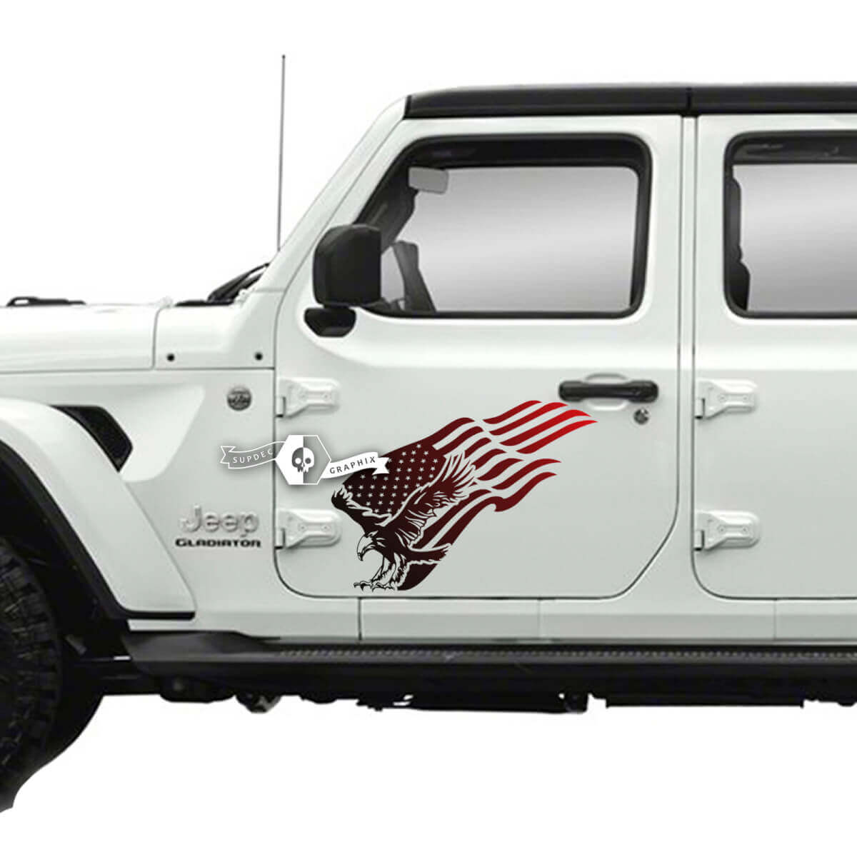 Pair of Jeep Gladiator Side Door USA Flag Bald Eagle Stickers Decals Vinyl Graphics Stripe Gradient
