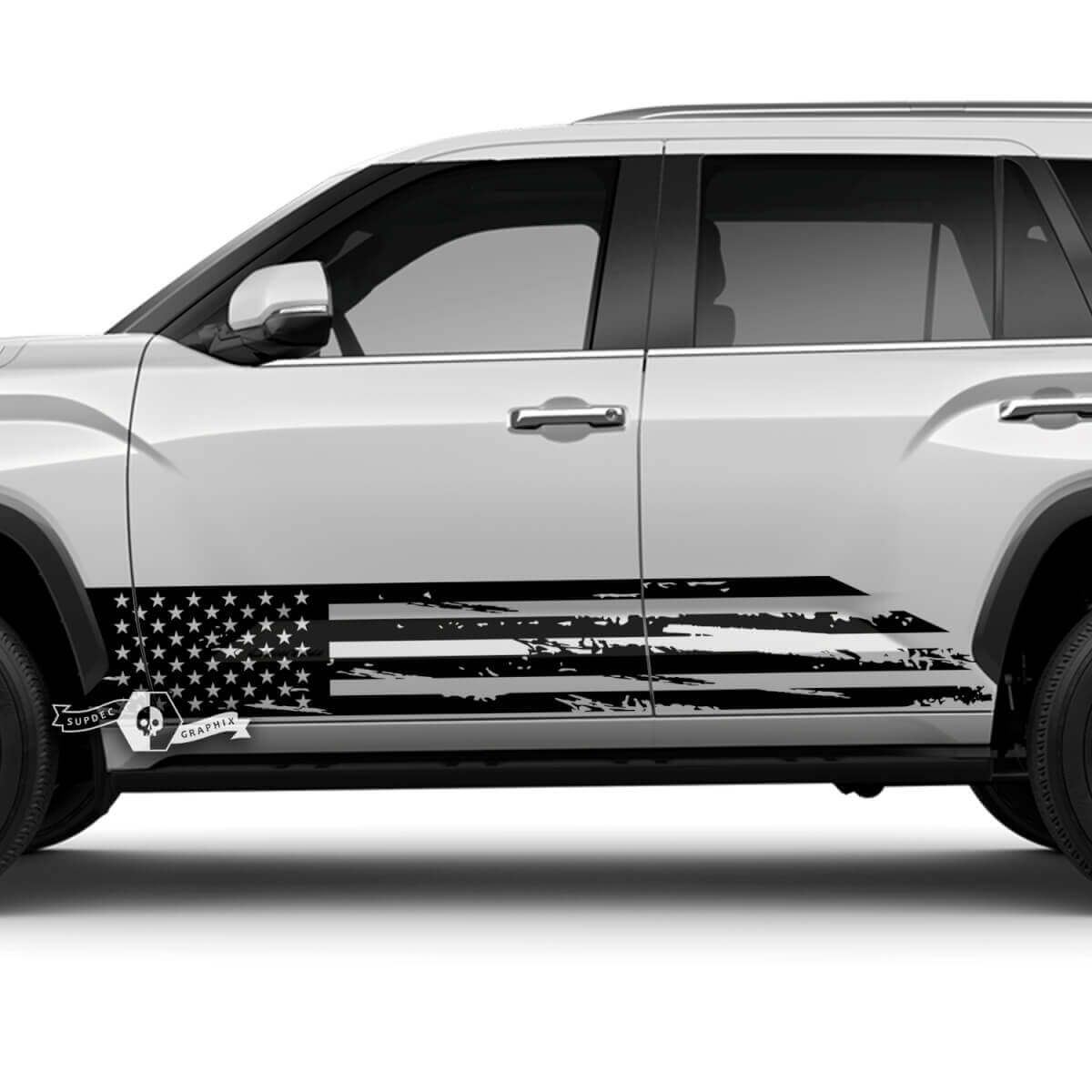 Pair Toyota Sequoia Doors Rocker Panel Stripe USA Flag Dazzle Paint Destroyed Off Road Vinyl Stickers Decal fit Toyota Sequoia
