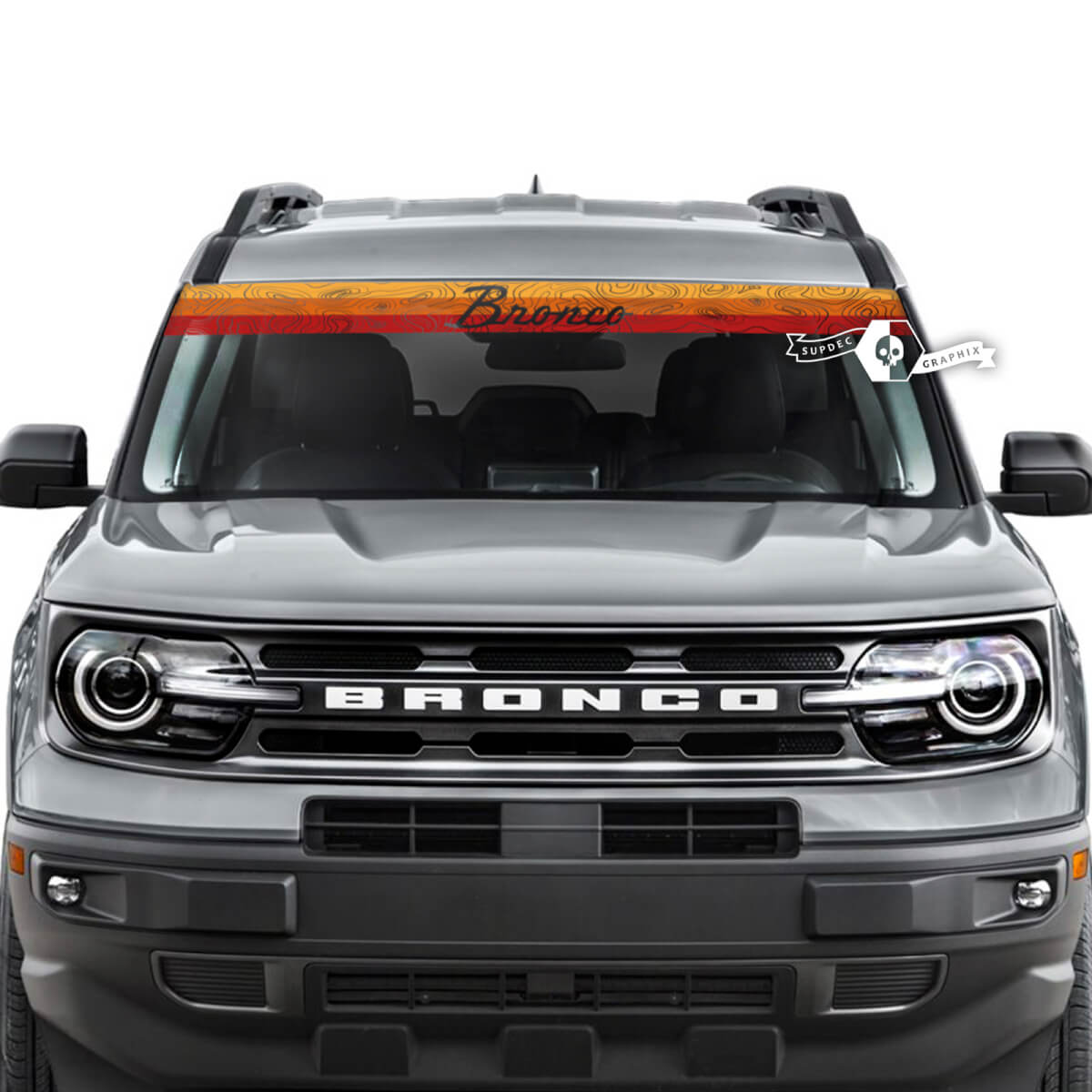 Ford Bronco Window Windshield Front Topographic Map Retro Colors SunSet Old School Stripes Graphics Decals
