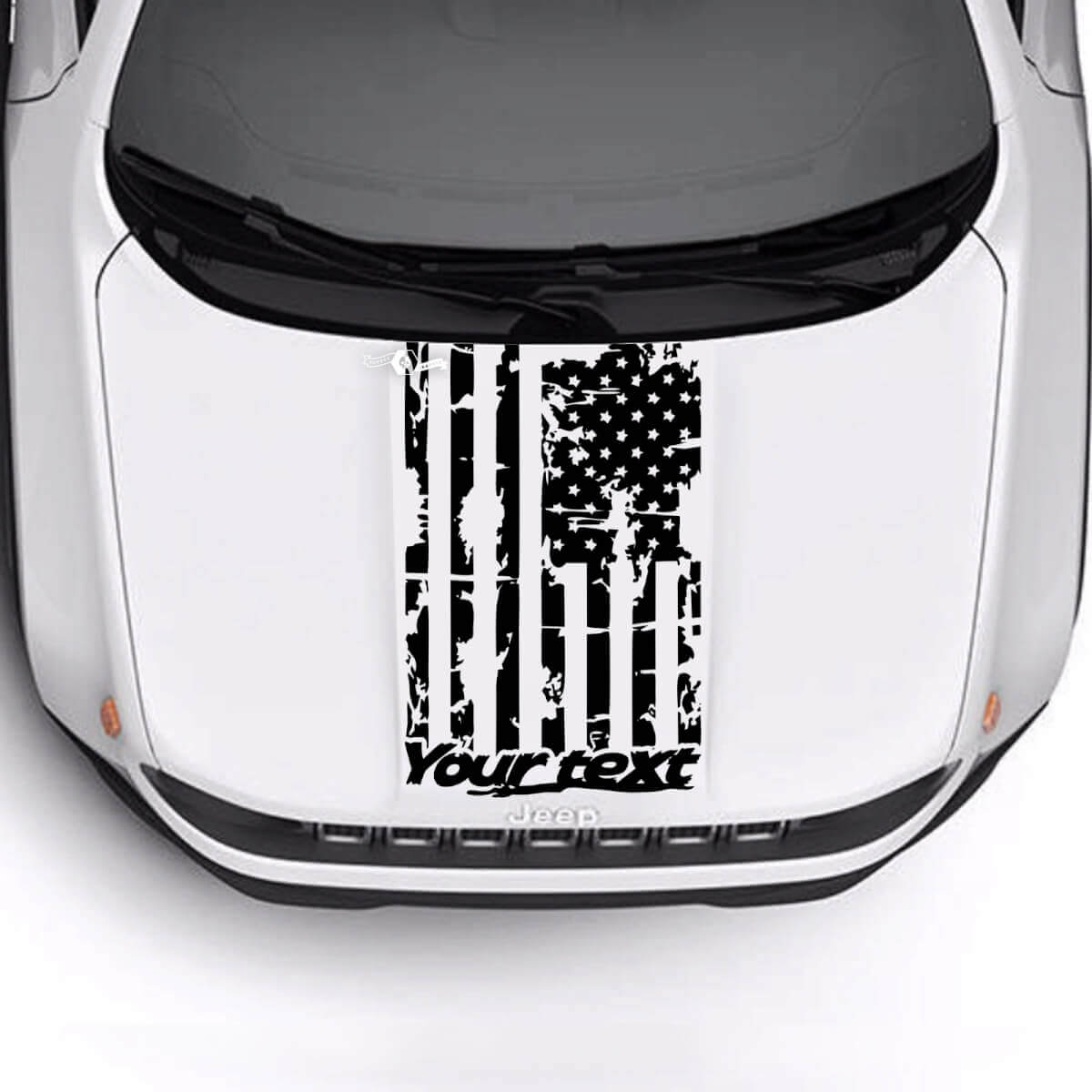 Custom Text USA Flag Battered Destroyed Bonnet Logo Stripe Vinyl Decal Sticker for Jeep Renegade Trailhawk