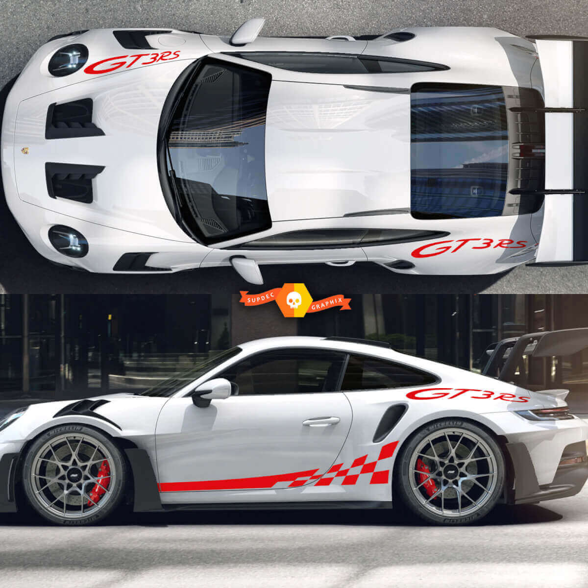 GT3 RS & Checkerboard Side Stripes Vinyl Decal Kit For Porsche 911