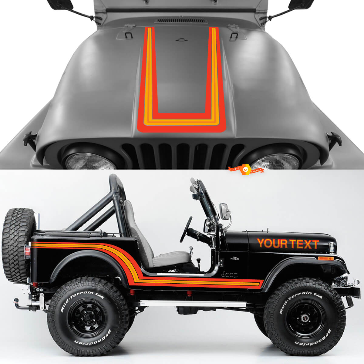 Kit Of Hood Side Rocker Panel Front Rear Fender Jeep Renegade CJ7 Vinyl Stickers Decals graphics - Orange

