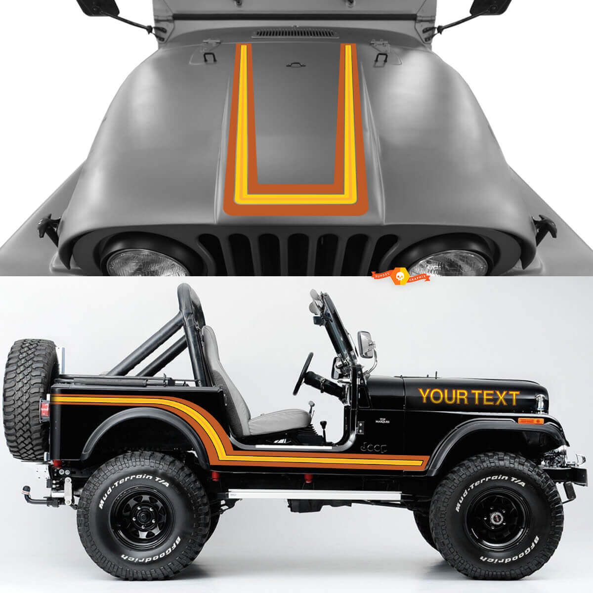 Vintage Style Hood and Side Stripes Vinyl Decal Kit for Jeep CJ7 1984-1986 