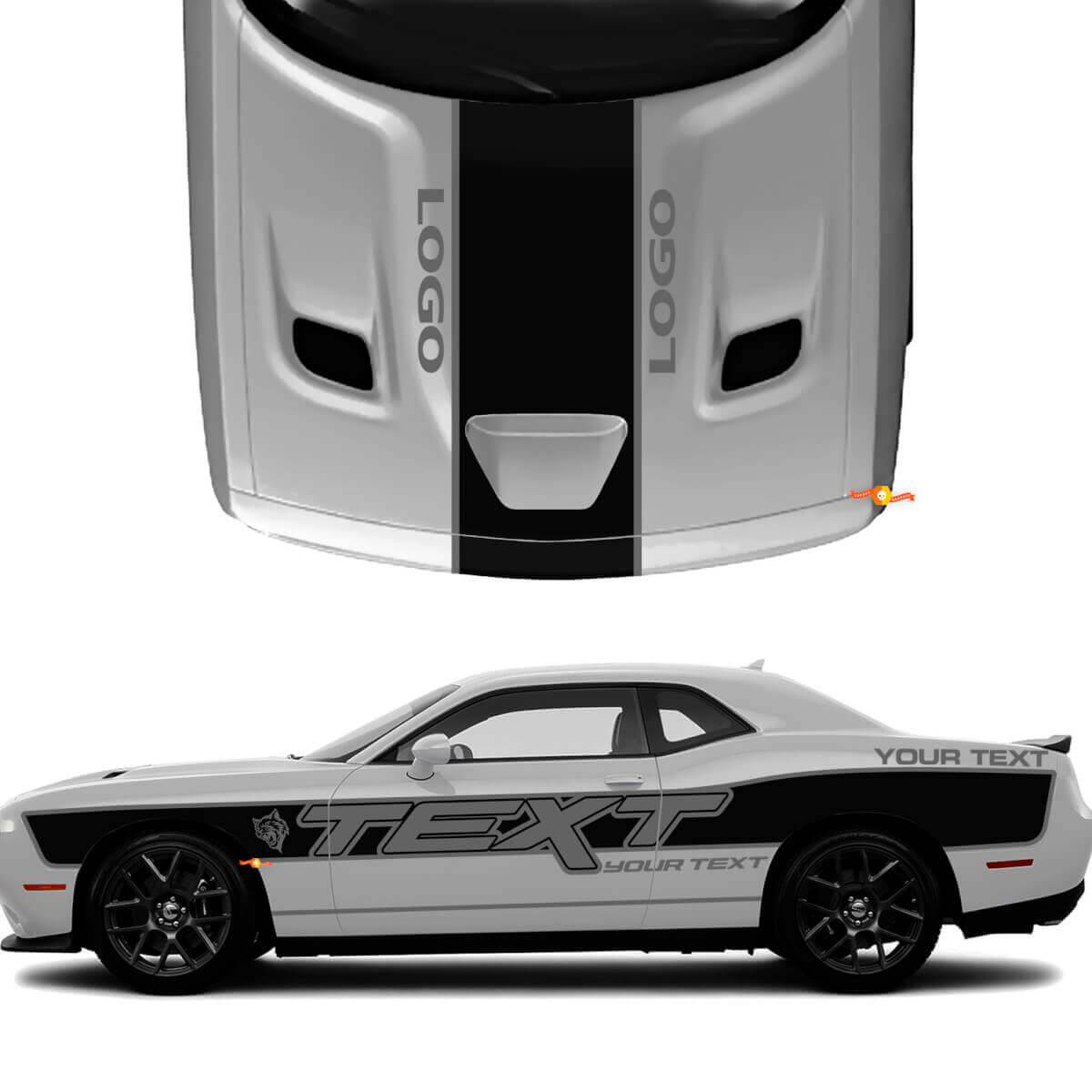 Custom Text with Side & Hood Stripes Vinyl Decal Kit for Dodge Challenger 