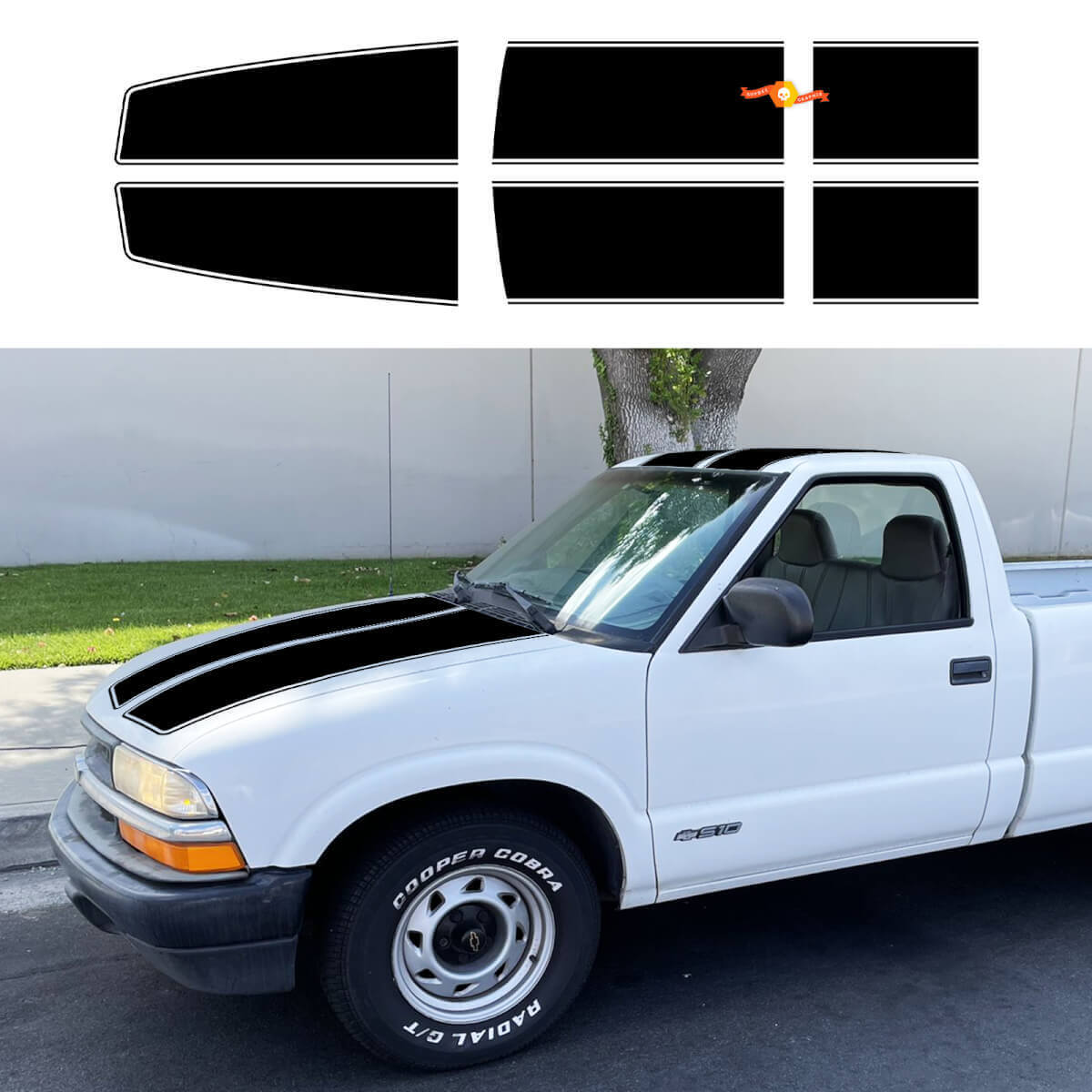 Dual Hood Roof & Tailgate Stripes Vinyl Decal Kit for Chevrolet S10 Regular Cab 1994-04
