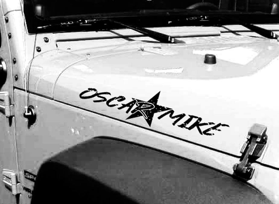 Oscar Mike Distressed Star Hood Side Vinyl Decal Pair for Jeep Wrangler 