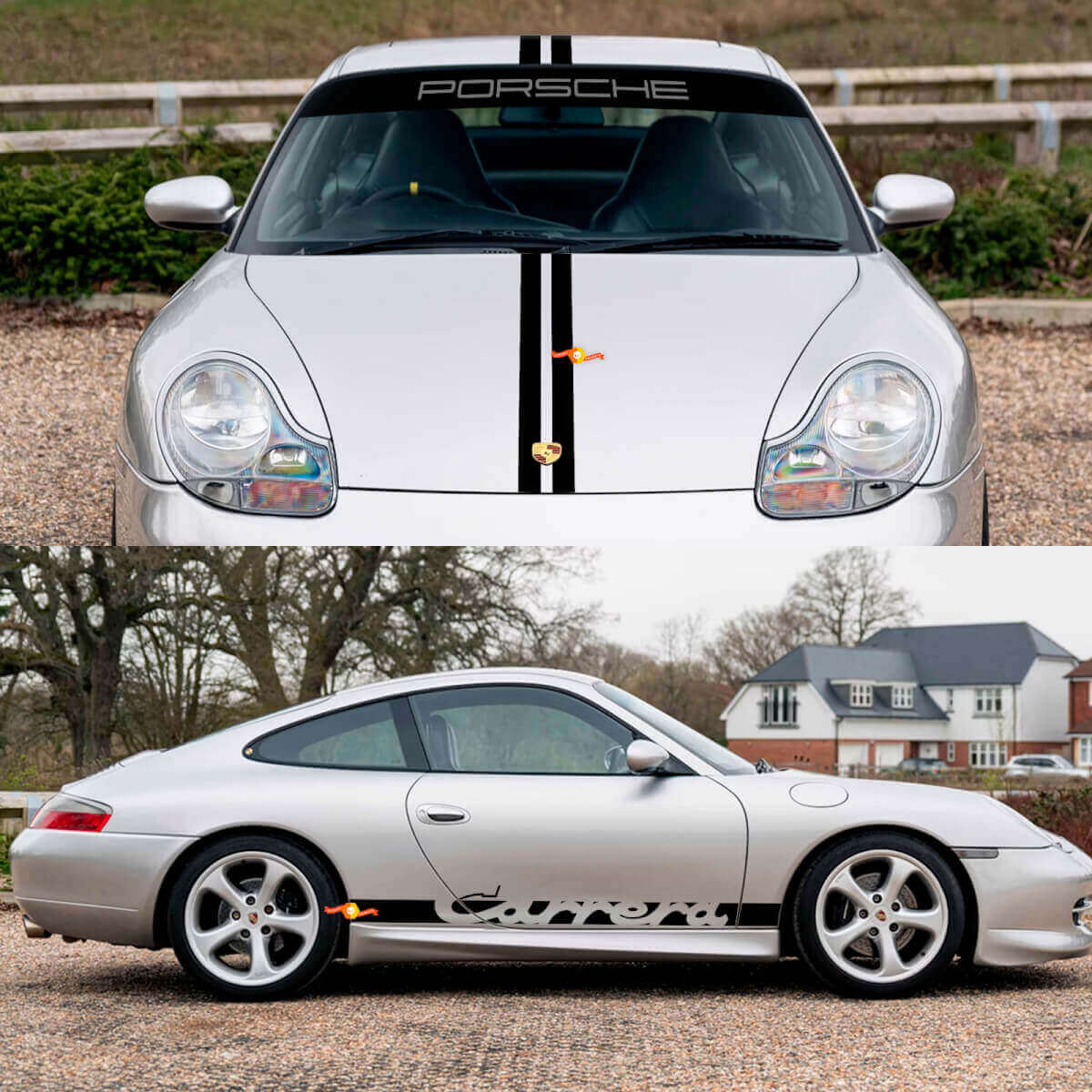 Kit d'autocollants de décalcomanies rétro de capot latéral pare-brise Rayures Carrera pour Porsche 911