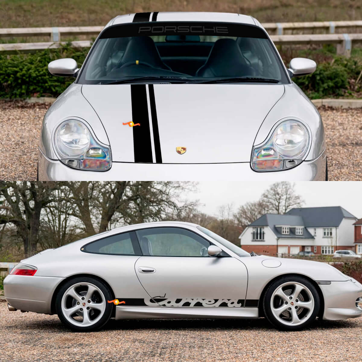 Porsche 911 Carrera Dual Central Stripes Retro Hood Side Windshield Decal Sticker Kit
