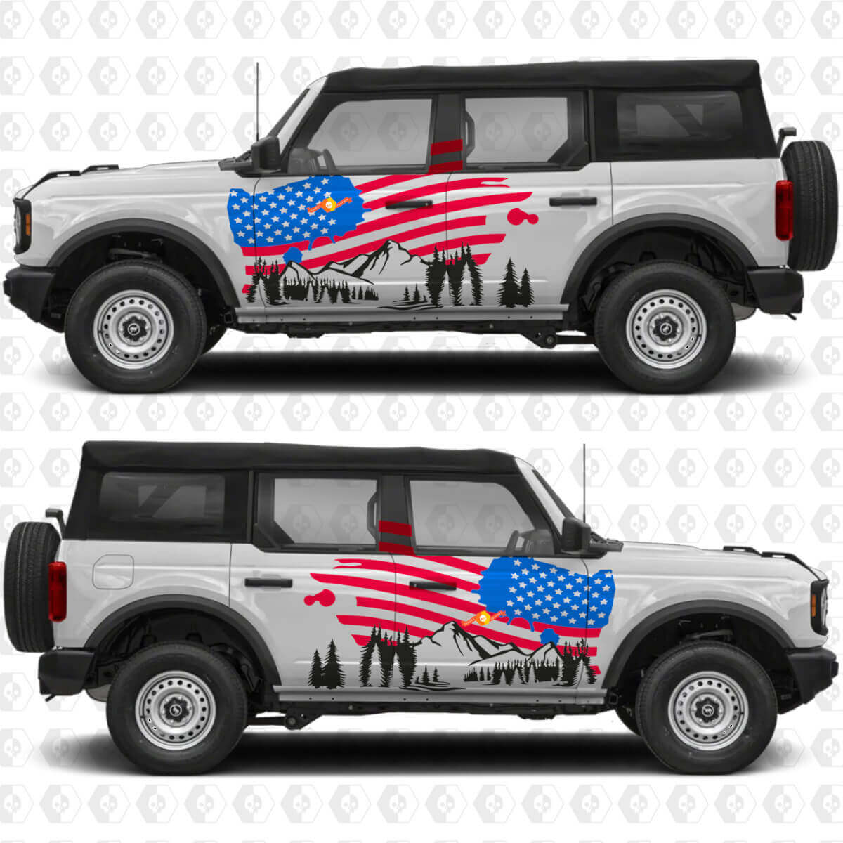 USA Flag Mountains Side Doors Vinyl Decal Kit for Musclecar horse