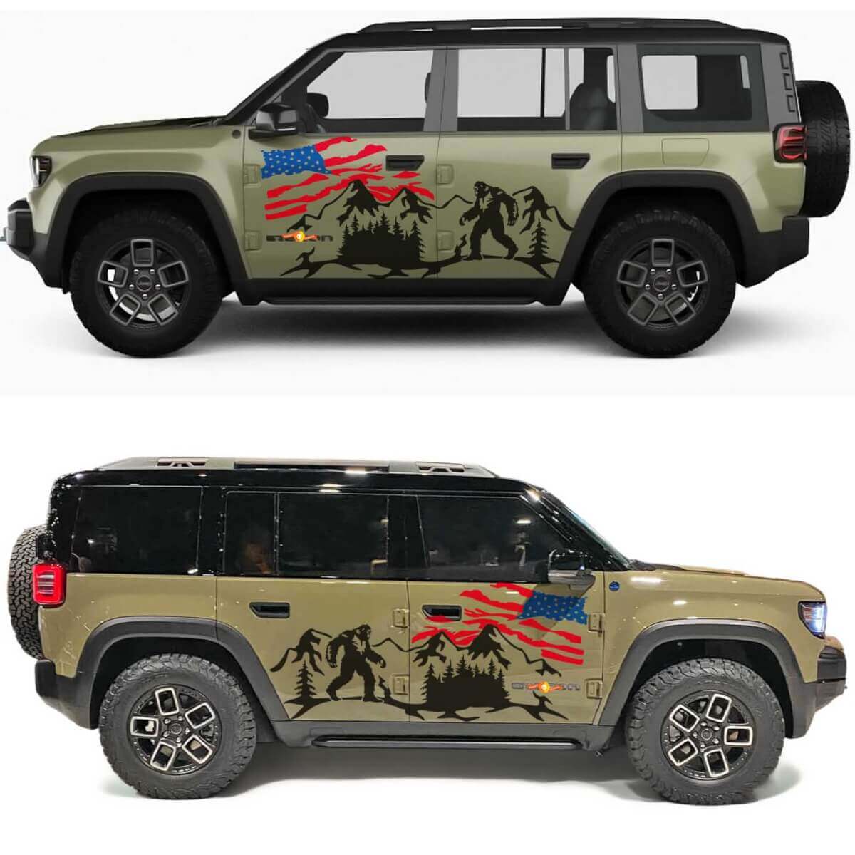Bigfoot Usé Drapeau US Montagnes Portes Latérales Autocollant Vinyl pour Jeep Recon