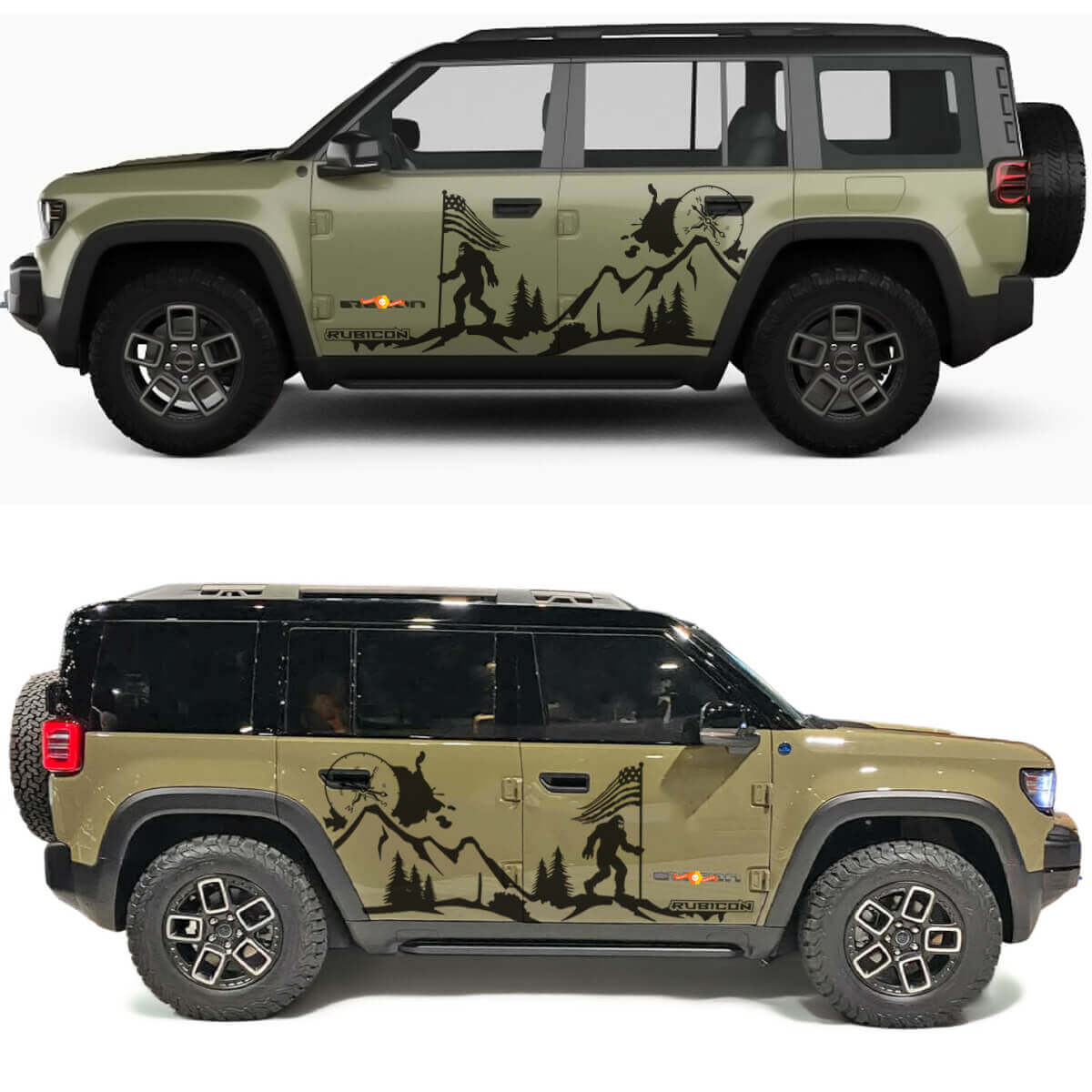 Bigfoot Worn US Flag Mountains Compass Rubicon Side Doors Vinyl Decal for Jeep Recon