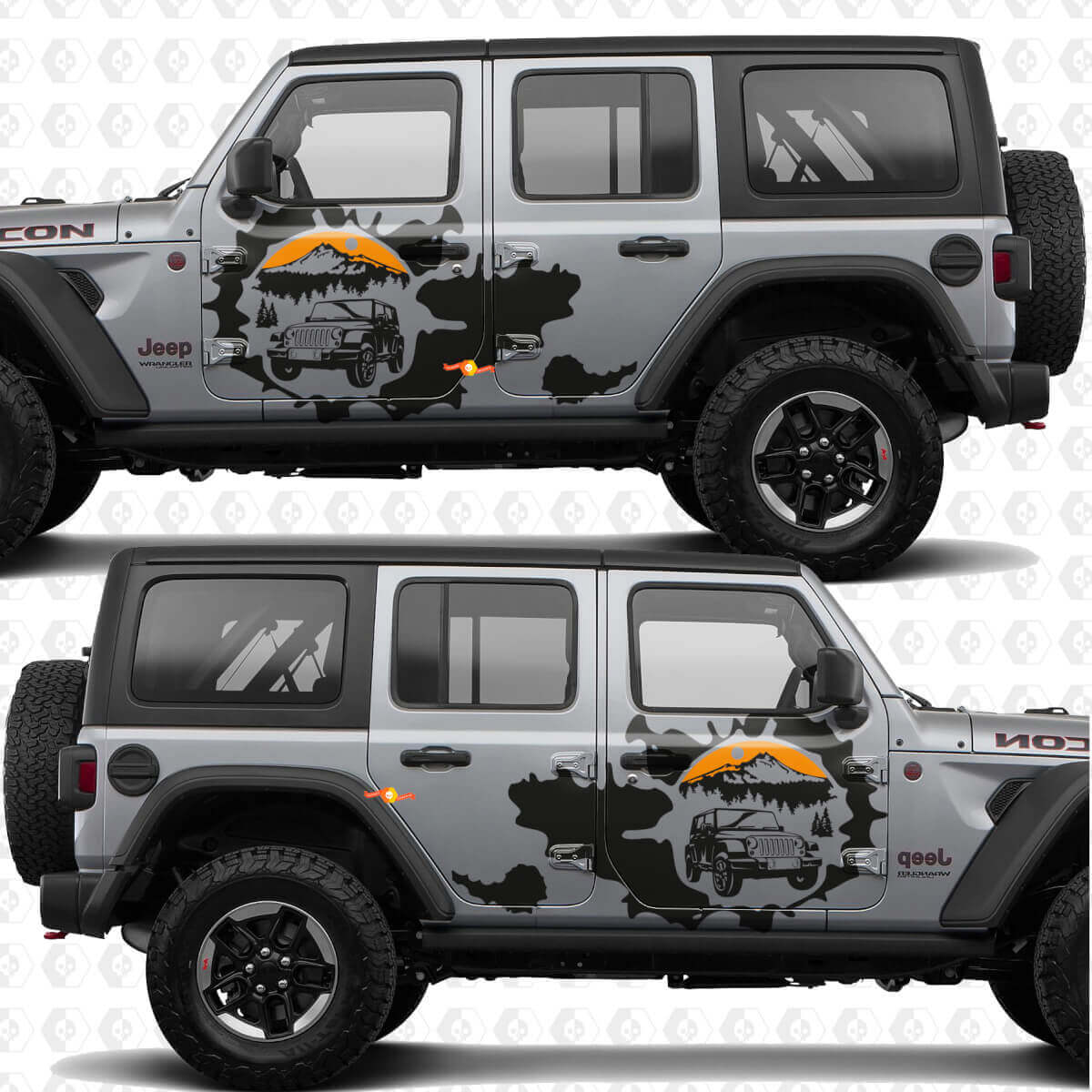 Autocollant en vinyle Sunset Splash Overland Mountains pour portes latérales, compatible avec Jeep Wrangler