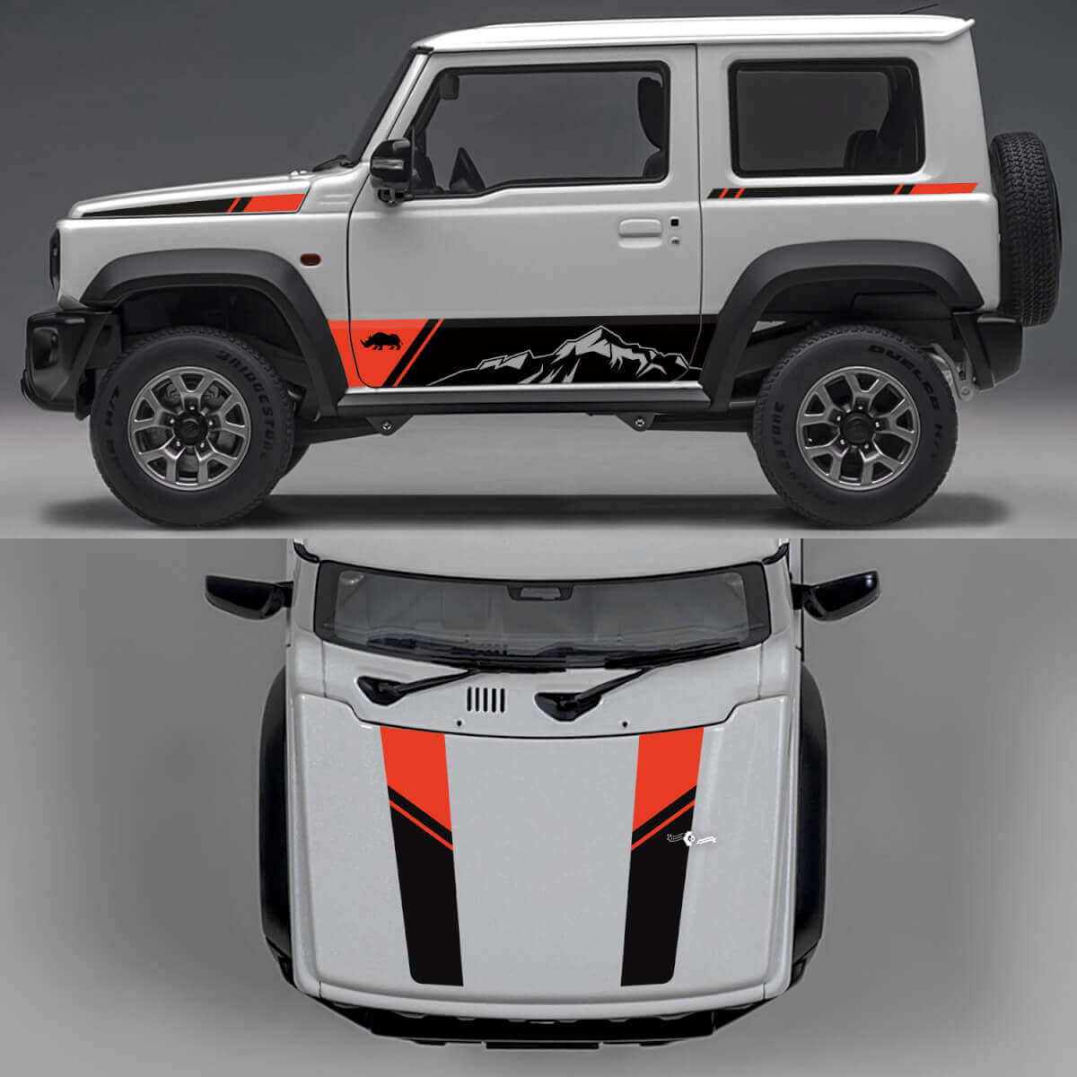 Rhino Edition Mountains Abstract Lines Graphic Side Doors and Bonnet Vinyl Decals for Suzuki Jimny