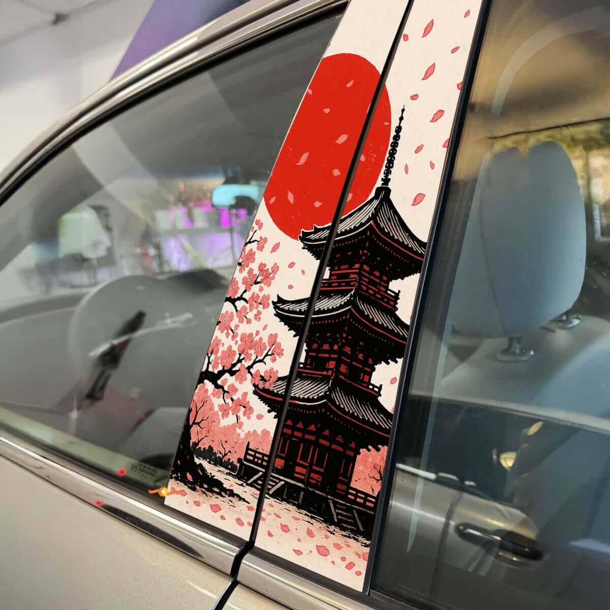Japanese Temple Sunset Sakura Petals Pillar Doors Vinyl Decal Sticker