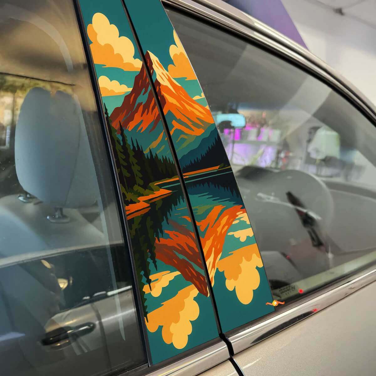 Retro-Style Mountain Lake Landscape Pillar Doors Vinyl Decal Sticker