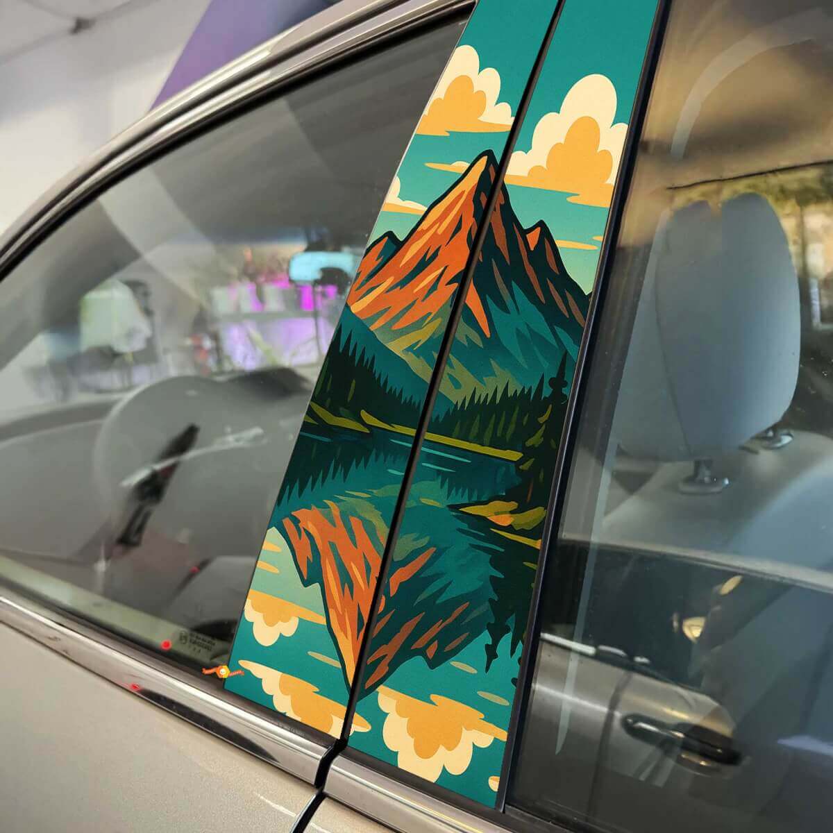 Retro Style Mountain Lake Reflection Pillar Doors Vinyl Decal Sticker