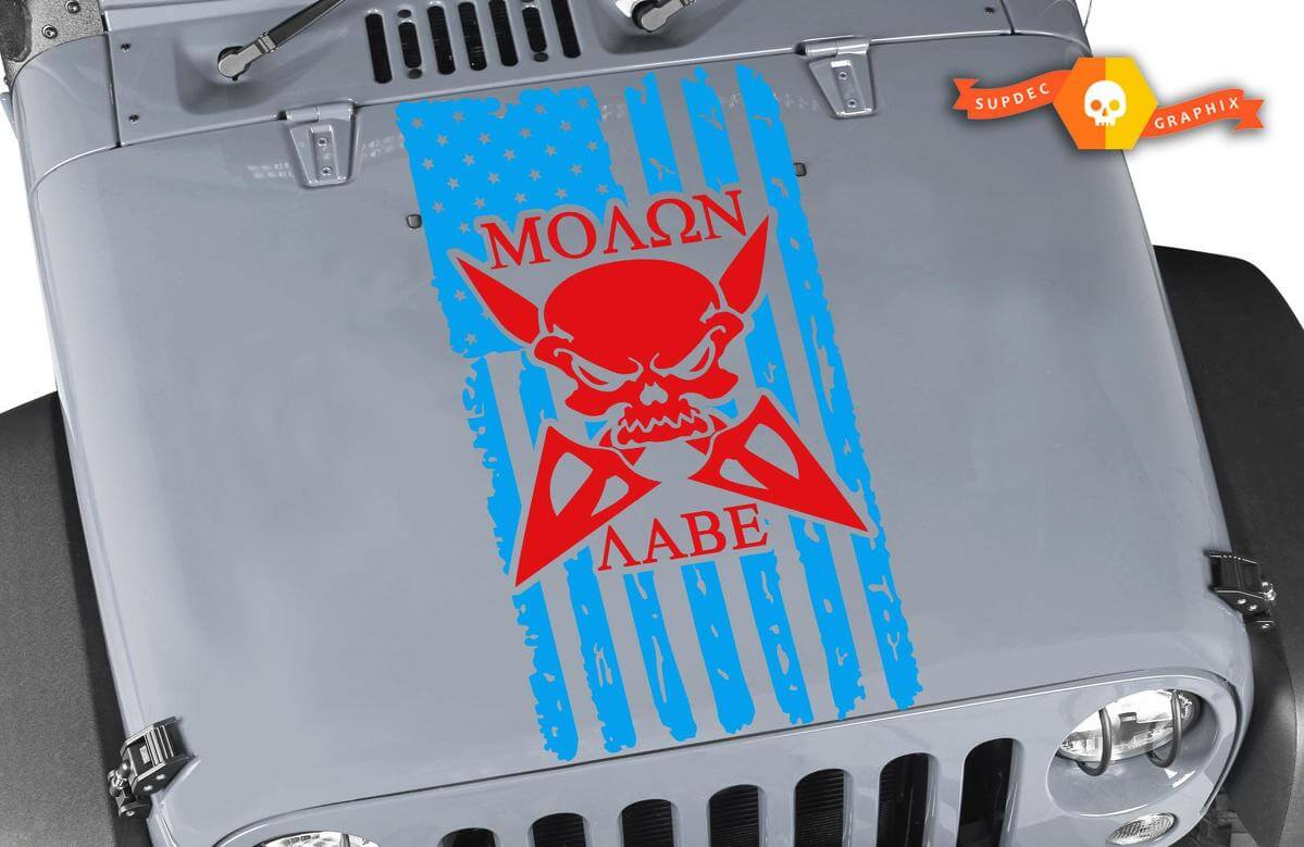 Molon Labe Distressed Flag Skull Hood Vinyl Decal for Jeep Wrangler 