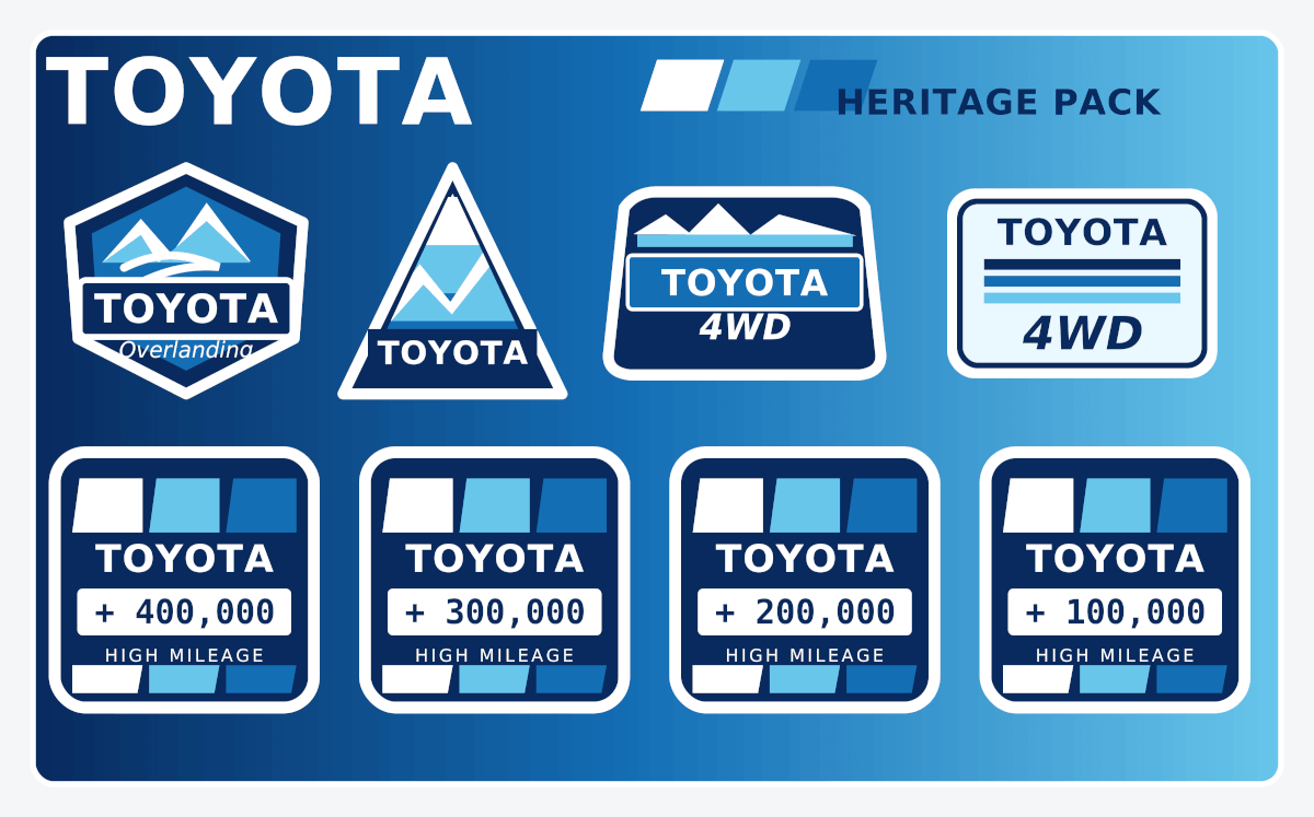 Toyota High Mileage Heritage Blue Light Blue White Retro Sticker Pack Decals Graphics