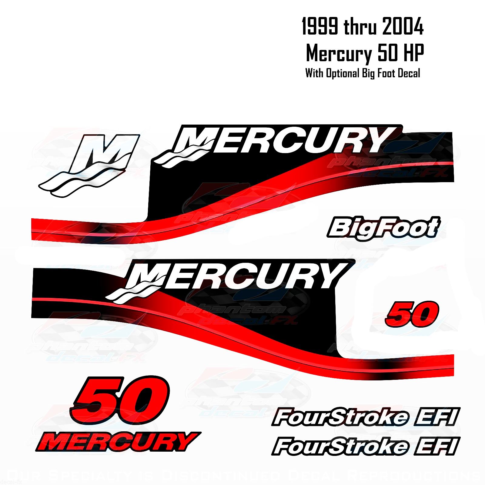 1999-2004 Mercury 50HP Red Decals Two & Four Stroke EFI BigFoot 11 pc Repro