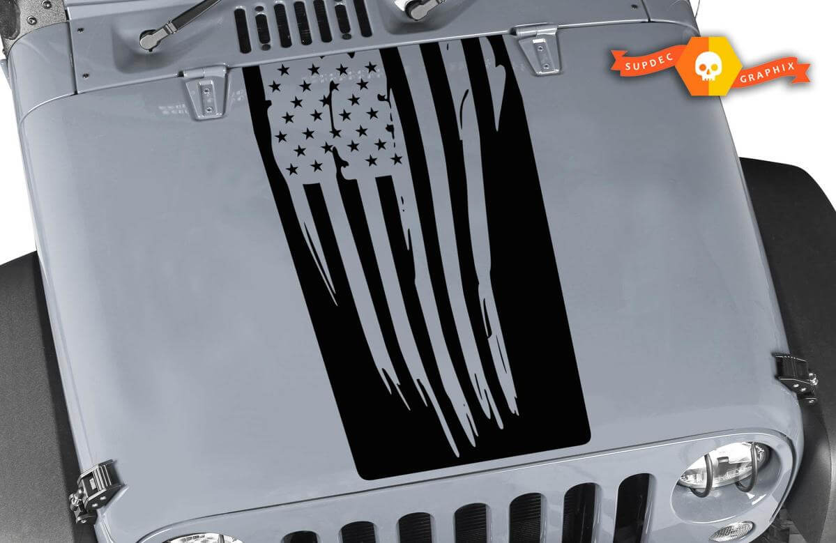 Distressed USA Flag Hood Blackout Vinyl Decal for Jeep Wrangler JK LJ TJ